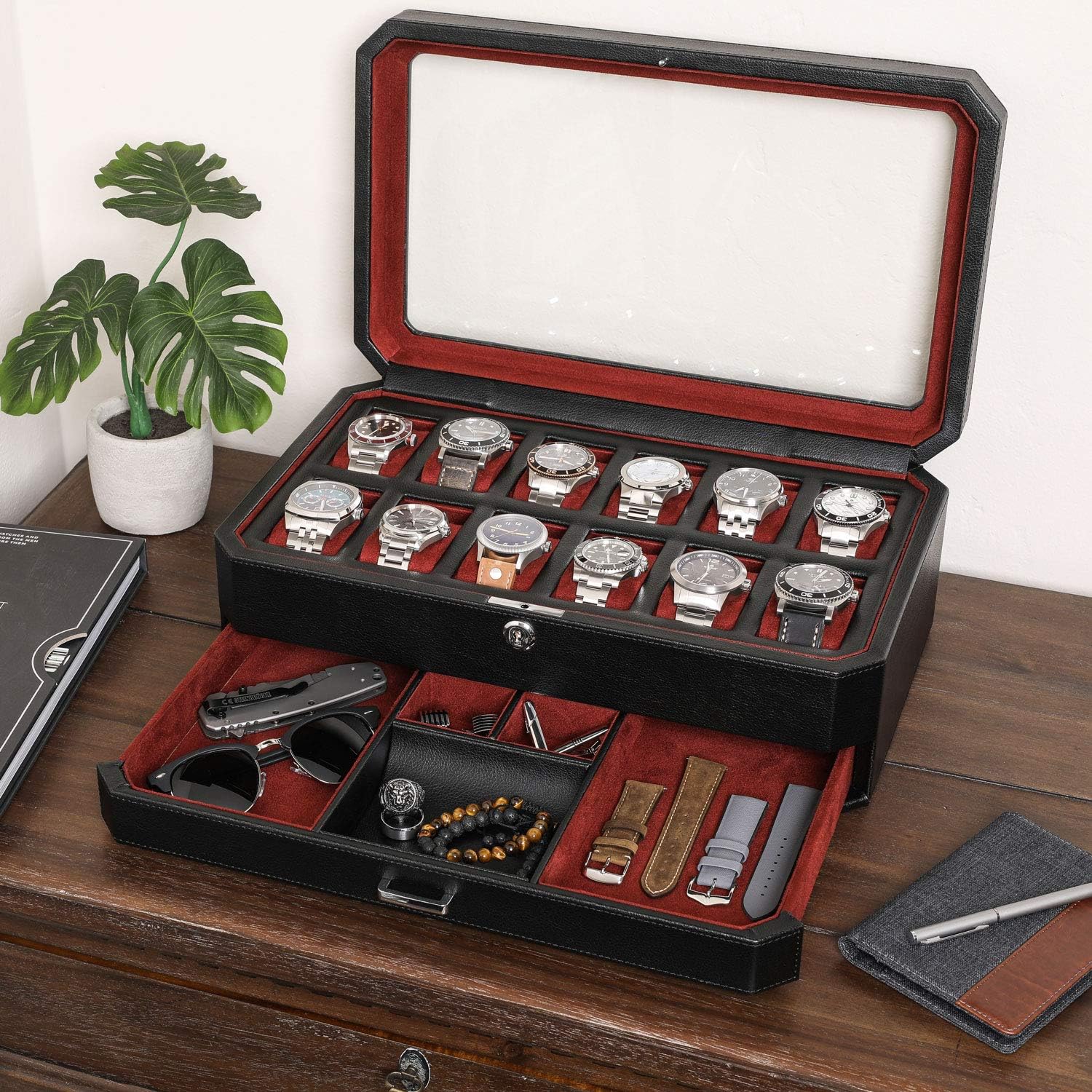 12 Slot Leather Watch Box with - Men Accessories Drawer recension och pris