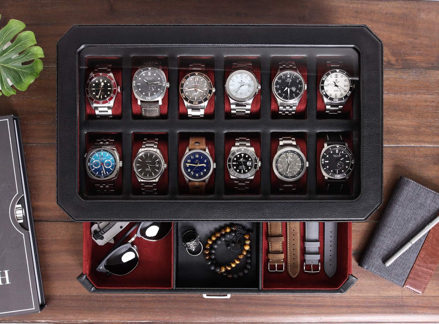 12 Slot Leather Watch Box with - Men Accessories Drawer recension och pris